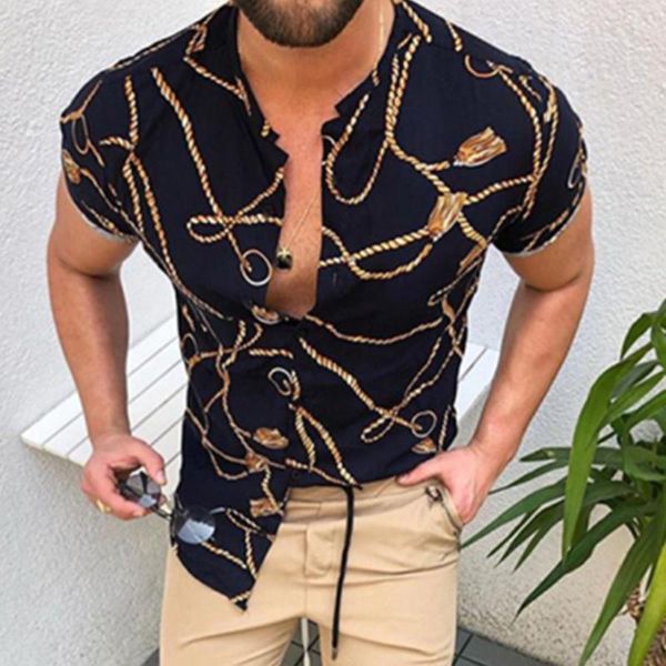 

men's casual shirts fashion nation style summer man's shirt printing stand collar single-breasted short sleeve loose hawaiian henl, White;black