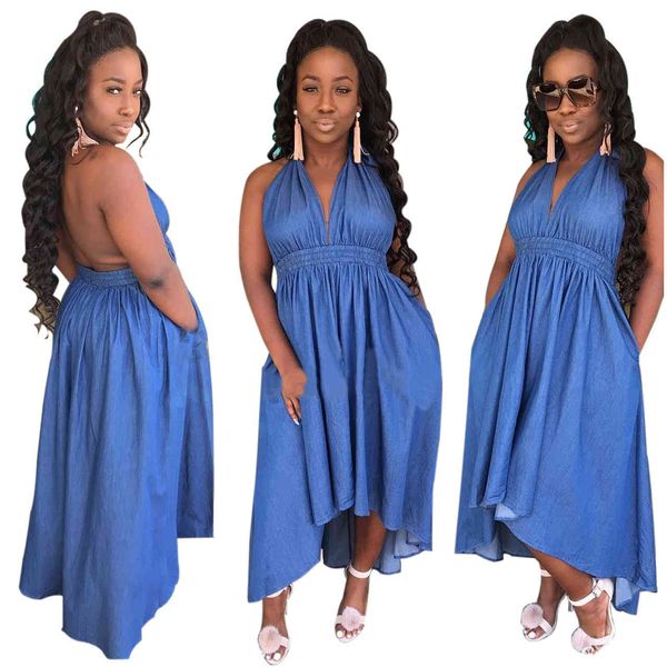 

dresses m769 boutique hanging neck denim irregular dress, Black;gray