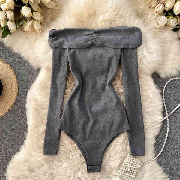 Sexy Off Flog Bodys Bodysuit Мода Женская Верхняя Весна Осень Тонкий Fit Вязаный ползунок Сплошной Джим 210603