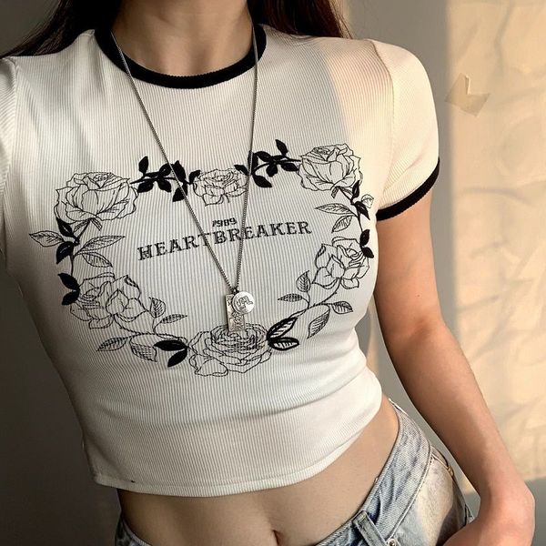 

y2k goth baby tee shirt 2021 fashion cropped woman t-shirts floral print alt clothes aesthetic e girl mujer, White