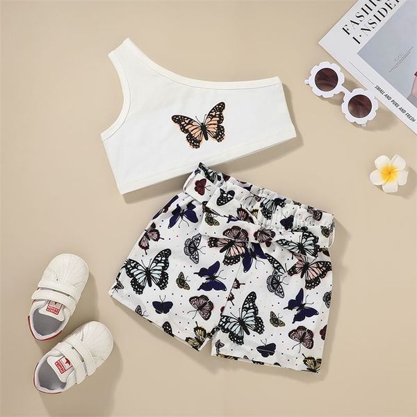 

winter children sets casual sleeveless single shoulder print butterfly bow shorts girl boys clothes 18m-6t 210629, White