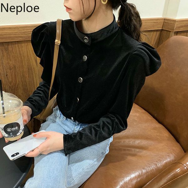 

neploe shirts woman blouses stand neck puff sleeve velvet blouses women fall clothes chic elegant blouse black blusas 210422, White