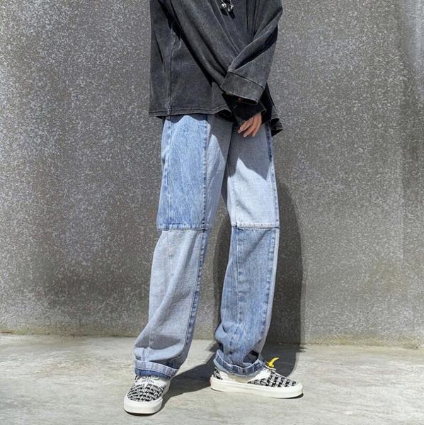 

men's jeans men straight baggy patchwork loose casual denim long fashion male spring autumn stacked pants 3xl, Blue