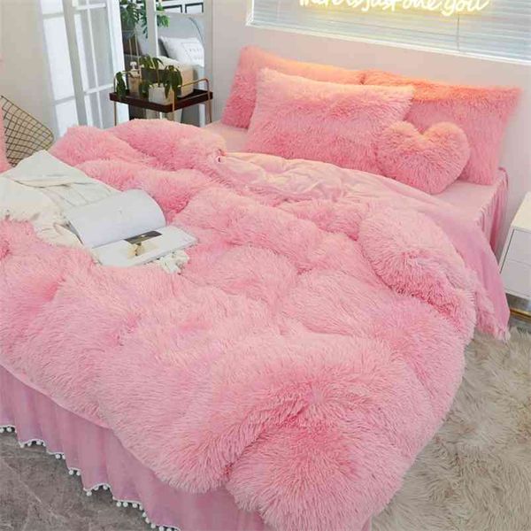 Luxus Reine Farbe Plüsch Shaggy Warme Fleece Mädchen Bettwäsche Set Nerz Samt Doppel Bettbezug Bett Rock Kissenbezug Heimtextilien 210721