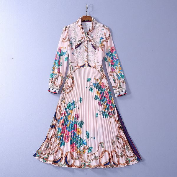 

european and american women's dresses for spring long sleeve scarf collar lace mosaic printing pleated dress 3omr, Black;gray