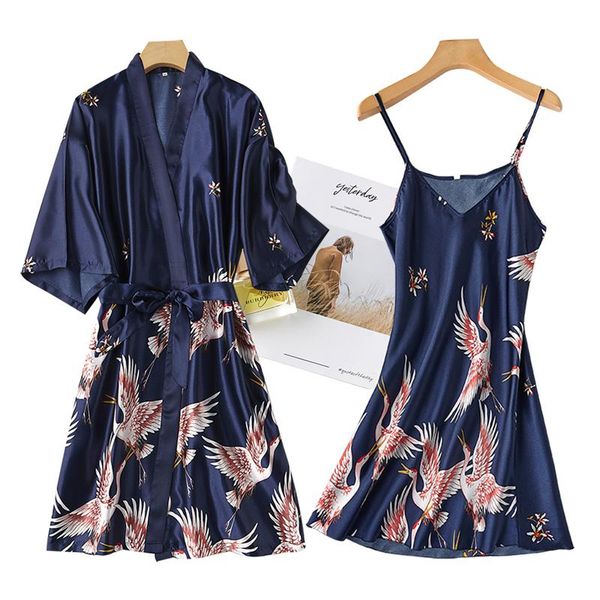 

women's sleepwear nightwear gown set women 2pc pyjama v-neck pajamas silky spring lady sleep suit robe wear home negligee homewear, Black;red