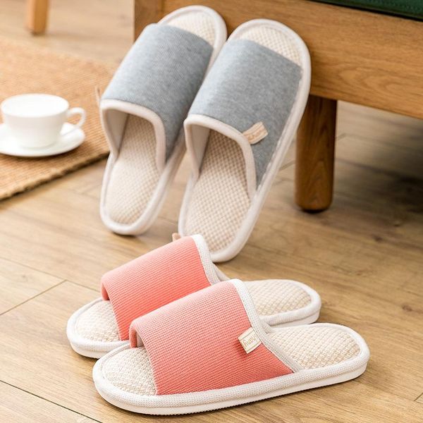 

womens home slippers breathable indoor open-toe summer shoes couples cotton linen anti-slip female male house slides, Black