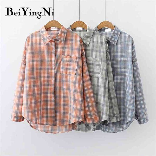 

autumn fashion long sleeve shirts female plaid vintage plus size loose blusas buttons harajuku women blouses 210506, White