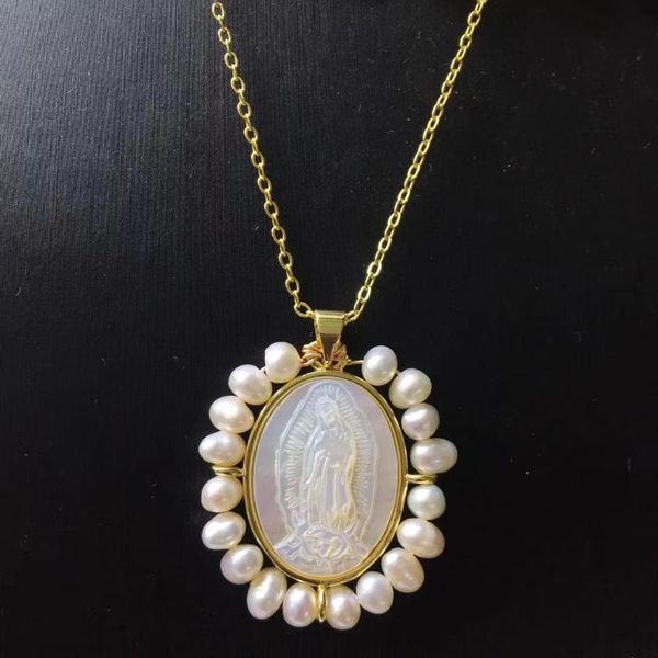 

30pcs natural sacred heart & guadalupe &grace san benito mother pearl necklace freshwater lady for gift pendant necklaces, Silver