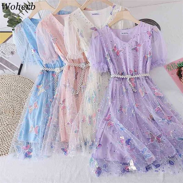 Elegante vestido de renda mulheres doce malha robe harajuku borboleta lantejoulas remendo kawaii vestidos verão casual y2k vestido 210519