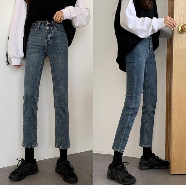 

women's jeans trousers blue black korean nine-point denim female student retro high-waisted