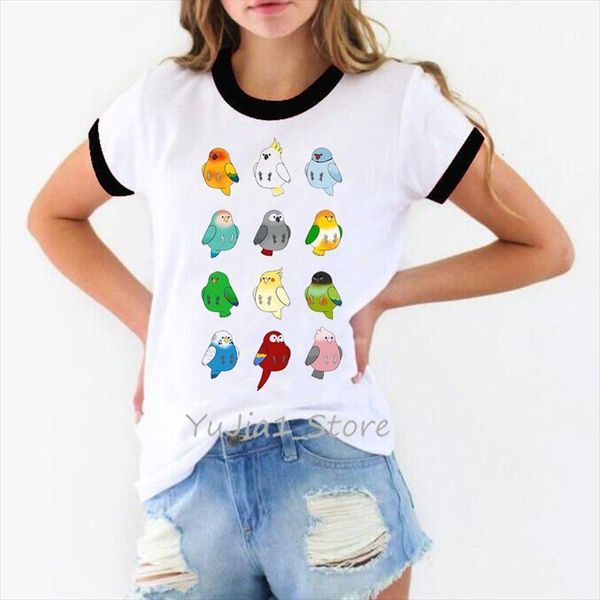 

summer harajuku kawaiiwatercolor birds and mens womens cockatiel parrot tee femme funny animal print cute graphic ringer tees, White;black