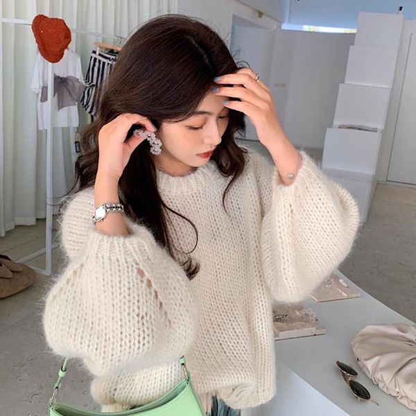 

women's sweaters autumn winter women long lantern sleeve knit pull vintage lady elegant pullover sweater fashion clothes 5 colors, White;black