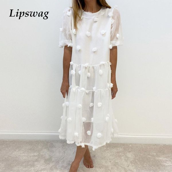 

2021 women elegant tassel ball mesh party dress casual short sleeve female beach long dress fashion o neck spring summer dresseshigh quality, Black;gray