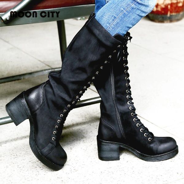 

women's boots winter black motorcycle femme buckle lace up cross tied riding knee high long plus size shoes woman