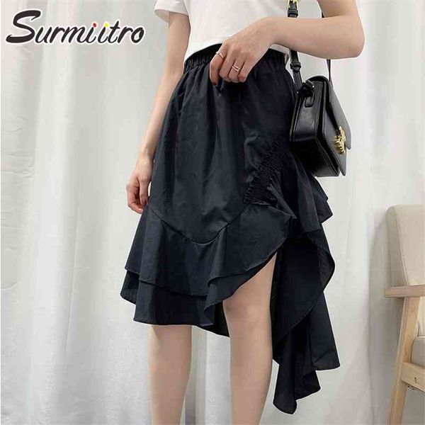 

spring summer irregular midi skirts women elegant korean style ruffles aesthetic high waist pleated skirt female 210421, Black