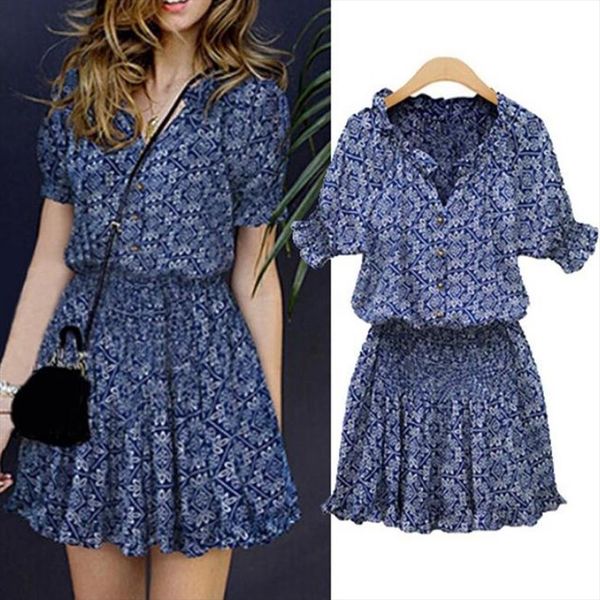 

floral print v neckline summer women dress casual loose short sleeve mini boho sundress party, Black;gray