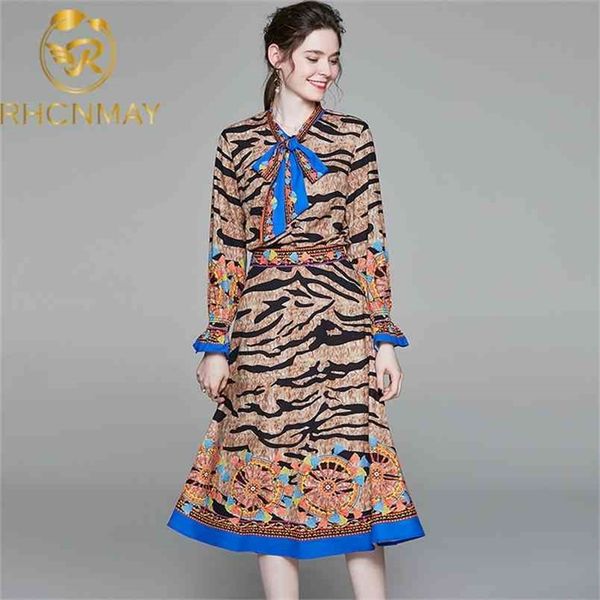 

summer fashion skirt suits women's sets flare sleeve bow tie leopard print and vintage skirts two pieces set 210506, White