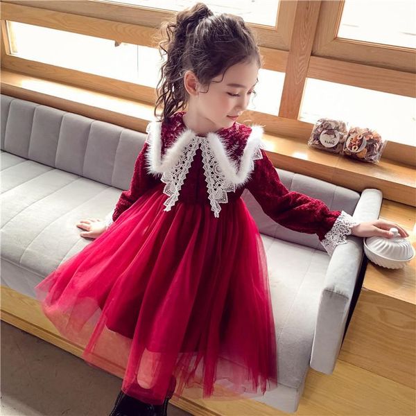 

girl's dresses 2021 teens girls red xmas dress for children fur collor velvet tulle long sleeve year costume, Red;yellow