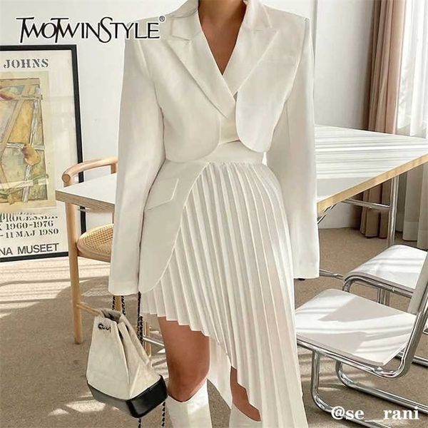

twotyle casual white two piece set for women notched long sleeve blazer high waist irregular hem skirt female korean sets 211106