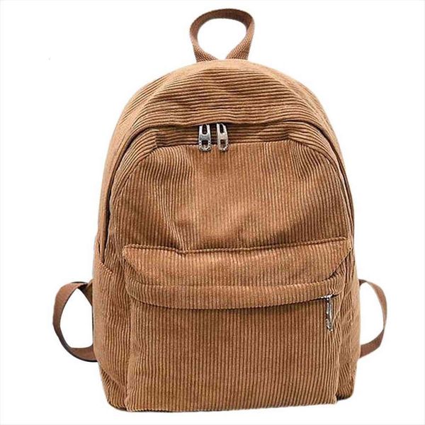 

women solid color pocket zip corduroy large capacity student backpack schoolbag