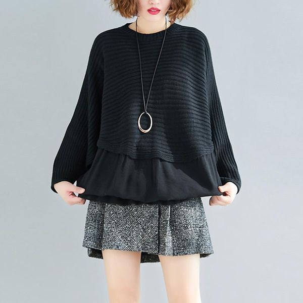 

women's sweaters false two pieces irregular knitted women and pullovers bat-wing sleeved warm fashion female pulls coat, White;black