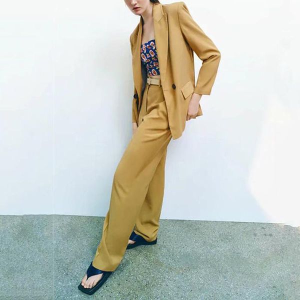 

women's two piece pants spring and autumn casual solid color double-breasted pocket decorative jacket + high-waisted wide-leg suit, White