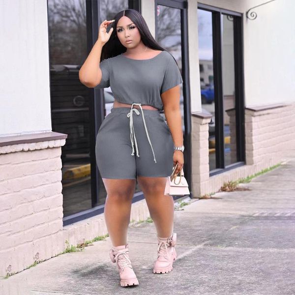

women's tracksuits 2021 summer casual lucky label fashion women slim street personality solid color sports short sleeve two pieces, Gray