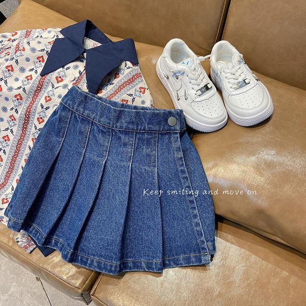 

baby girls jeans shorts skirt pleated ruched toddler kids clothes korean bottoms denim cotton button spring summer 2 to 10 yrs, Black