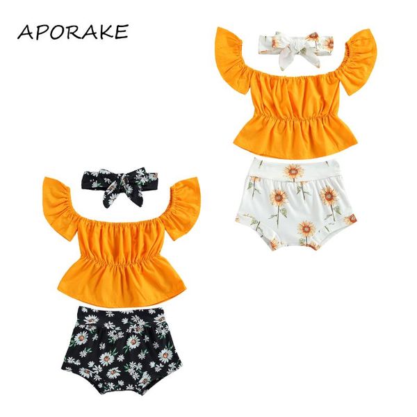 

clothing sets 2021 0-18m born summer baby girl off shoulder solid short sleeve t-shirt crop flower print shorts 3pcs, White