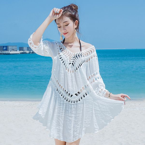 

blouse summer bikini resort hollow swimsuit coat beach sunscreen woman, White;black