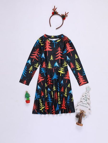 

girls christmas tree print smock dress she01, Red;yellow