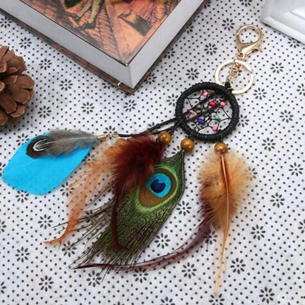

decorative objects & figurines peafowl feather dream catcher pendant boho hanging dreamcatcher braided handbag key holder kids gift accessor
