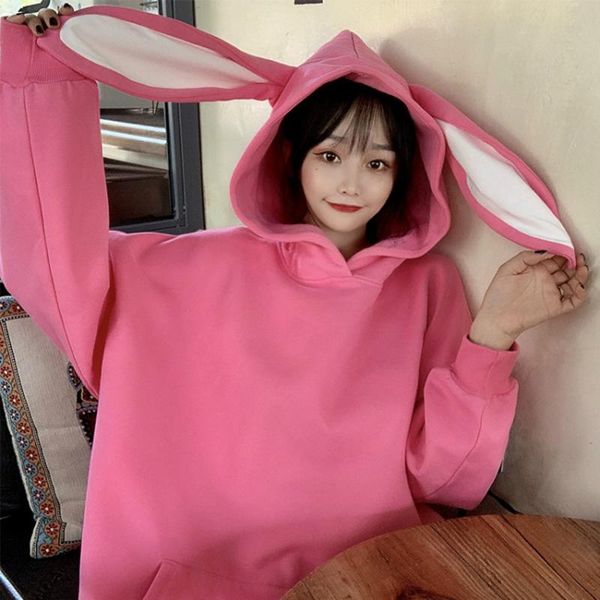 

women's hoodies & sweatshirts lucyever ears womens hooded 2021 winter warm thicken plush sweet style pink oversize sweatshirt woman c, Black