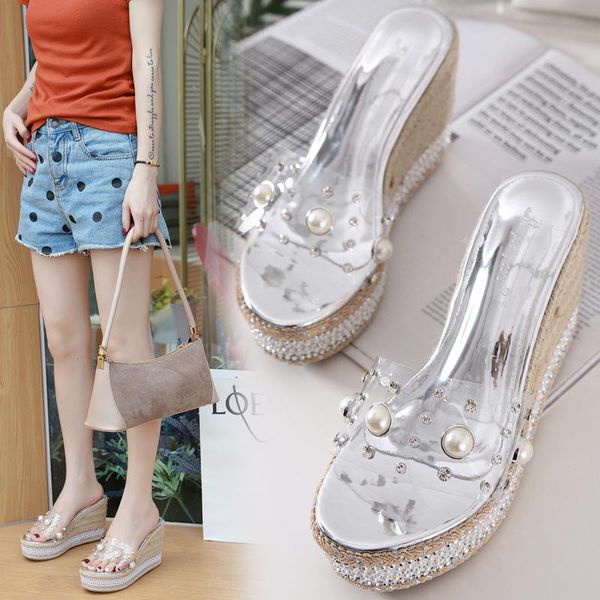 

dress shoes 2021 summer women's pearl rhinestone slippers muffin height increasing skinny high heels, Black