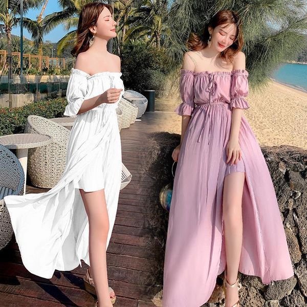 

bali resort beach show thin off shoulder long skirt dress two piece, White