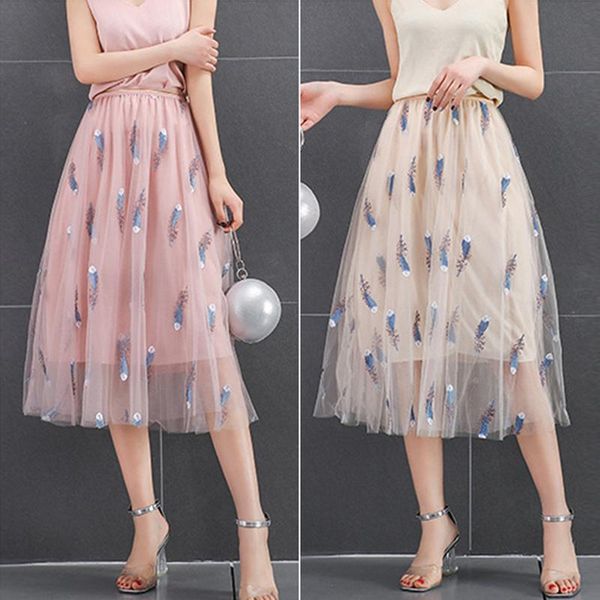 

skirts harajuku tulle mesh skirt women summer embroidery flower midi korean elegant elastic high waist long jupe femme b015, Black