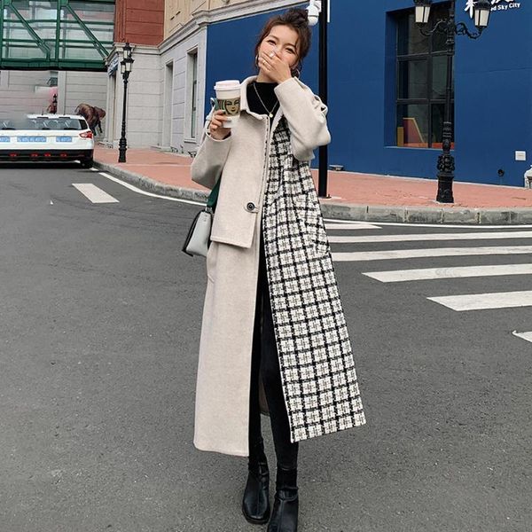 

women's wool & blends winter woolen jacket plaid hit color fashion long loose thickened cashmere ladies cape stitching high-quality wom, Black