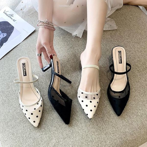 

sandals and slippers women's 2021 summer korean version of polka dot mesh pointed high heels stiletto half, Black