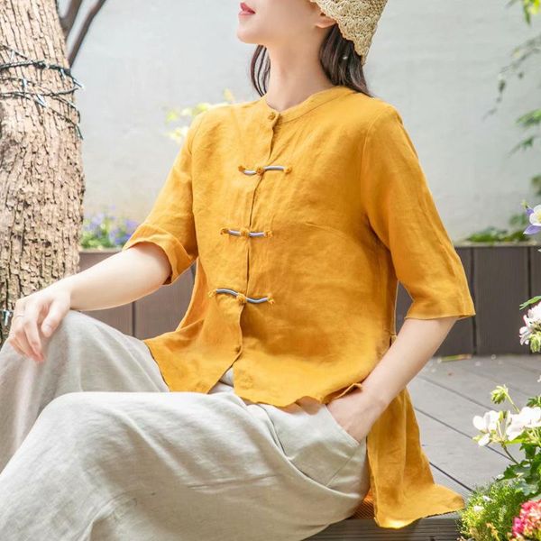 

nagodo loose chinese 2021 summer cotton linen traditional shirt long back cardigan hanfu clothes ethnic clothing, Red
