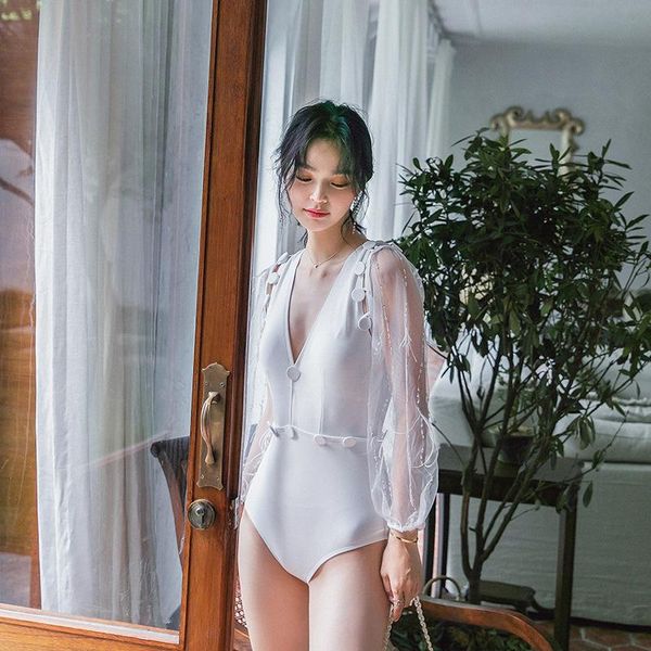 

one-piece suits one piece swimsuit push up swim suit pup women red lace long sleeve backless neck print polyester sierra surfer swimwea