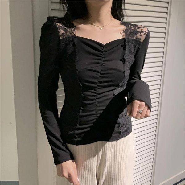 

women's t-shirt slim v-neck long sleeve vetement femme 2021 lace tee shirt female clothing folds t women spring autumn korean tshirts, White