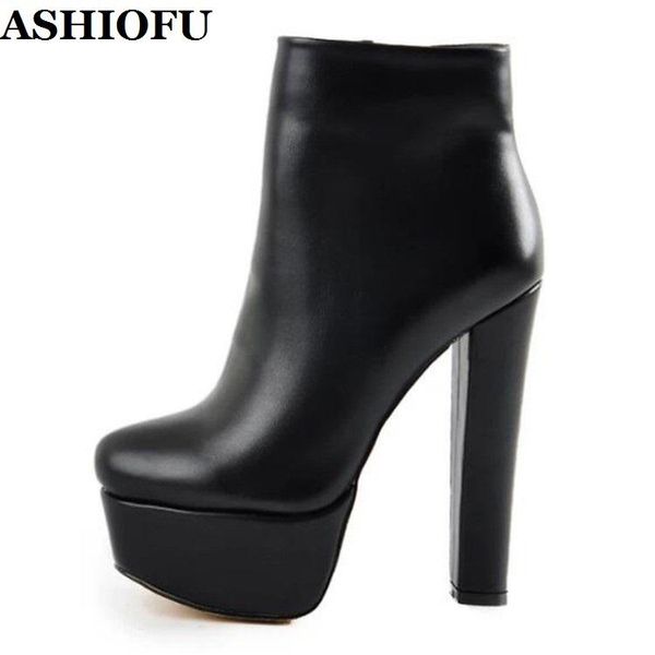 

boots ashiofu handmade ladies chunky heels black platform party prom ankle daily wear thick-heel fashion