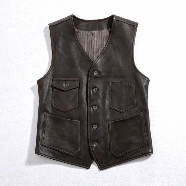 

men's leather & faux 2021 vintage brown casual style genuine vest men single breasted plus size 4xl real natural cowhide spring short c, Black
