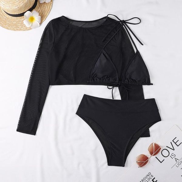 

women's swimwear black white 3 pieces set long sleeves swimsuit swimming suits bikini 2022 high waist women bathing suit, White;black