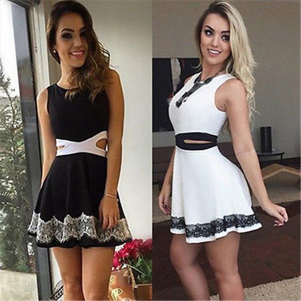 

design hollow out waist womens dress floral bandage sleeveless lace party round neck summer short mini 6 14, Black;gray