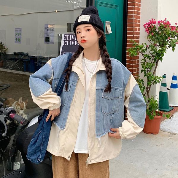 

women's jackets [ewq] korea chic 2021 loose stitched denim shirt coat autumn lapel zipper long sleeve female fashion 16e3351, Black;brown