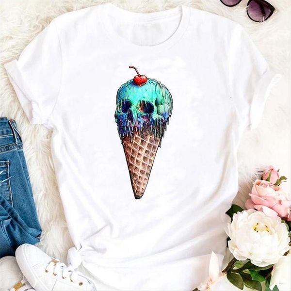 

summer ice cream beach women t shirts tshirts cartoon fashion short sleeve clothes graphic lady print female tee shirt, White