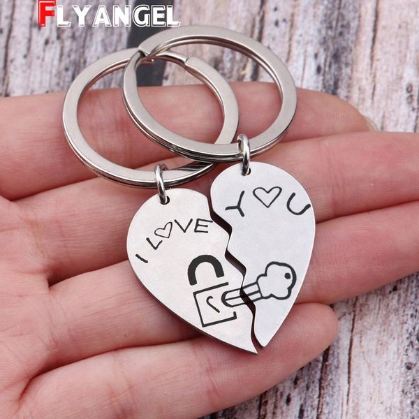 

keychains 2021 1set couple heart key chains romantic chic stainless steel laser engraved keyrings lock and combination holders, Silver