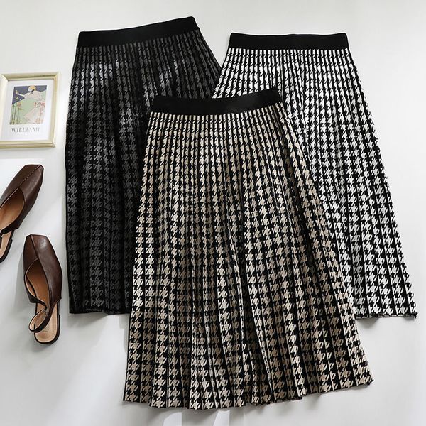 

women skirt plaid knitted midi skirt a-line high waist elegant pleated skirts spring autumn winter faldas femme jupes, Black